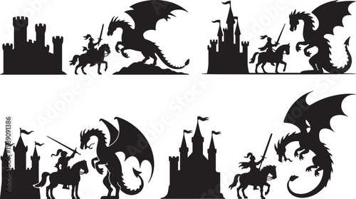Set of Medieval Castle Knight and Dragon Silhouette Vector Illustration – Fantasy Battle Scene Black and White