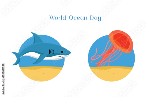 Shark Swimming Ocean World Ocean Day. World Ocean day Concept Icon. Vector Icon graphic illustration