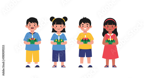 Group of diverse children happily holding traditional decorated Loy Krathong baskets for the famous Thai festival celebration event.
