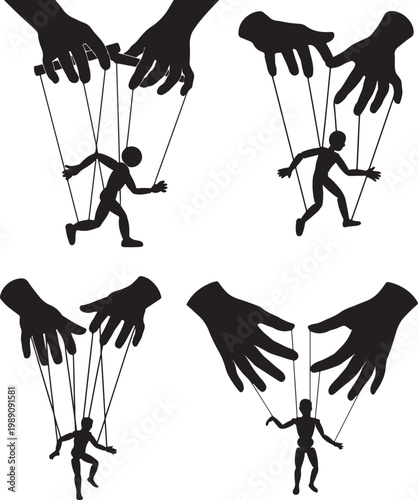 Hands Controlling Puppet Strings Silhouette Vector Illustration – Manipulation Concept Black and White Clipart