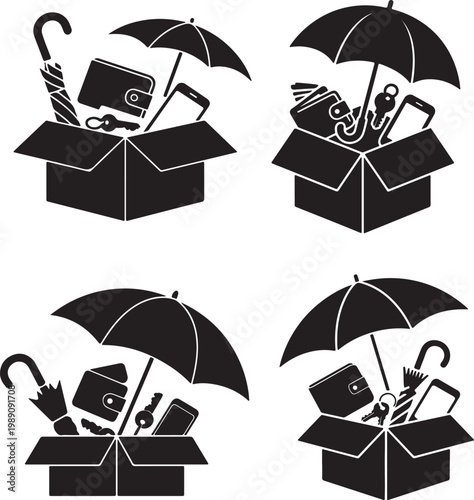 Lost and Found Collection Point Silhouette Vector Illustration – Open Box with Personal Items Under Umbrella