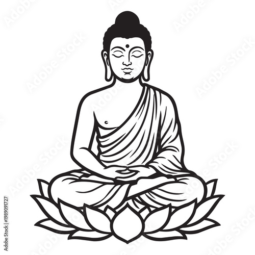 line art illustration of the Buddha mediating in a lotus position on a lotus flower.