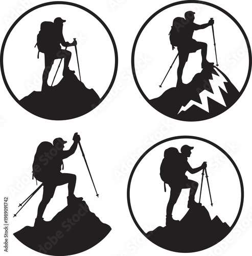 Hiker Silhouette on Mountain Peak Vector Illustration – Trekking Adventure Circle Design
