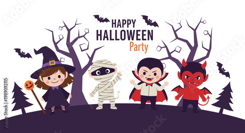 Four kids dressed in Halloween costumes as a witch, mummy, vampire, and devil standing in a spooky landscape with trees and bats.