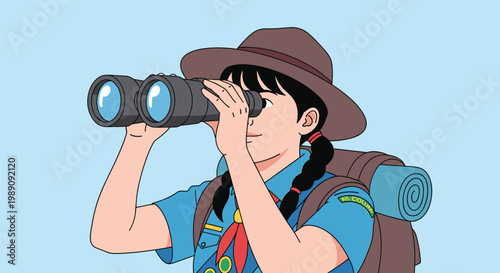 Girl in a blue scout uniform with a brown hat and backpack looking through large binoculars against a sky blue background.