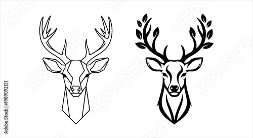 Two stylized deer heads, one geometric and one illustrative with foliage