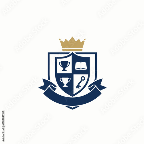 Crown, book, champion trophy cup, key and scroll ribbon for School University Badge logo design.