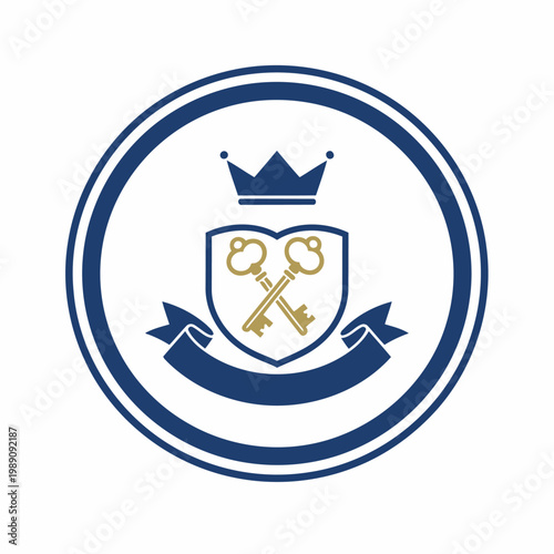 Royal Crest Emblem With Crossed Keys Shield and Crown Vintage Security Logo Badge.