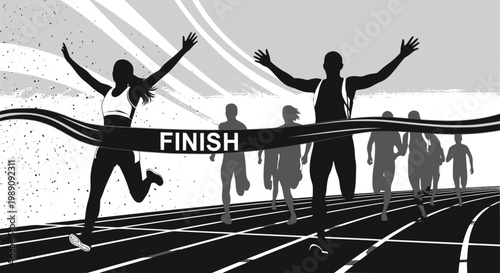 Silhouettes of a male and female runner crossing the finish line together on a stadium track. For marathon event banners, motivational sports posters, or fitness achievement blogs. Transparent EPS.