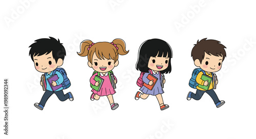 Four diverse school children, two boys and two girls, running joyfully with their backpacks and books for school.