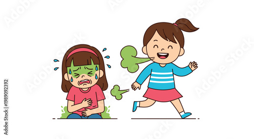 Funny illustration of a young girl running and passing gas while another girl reacts with a sick face and covers her stomach.