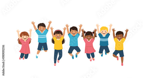 Seven diverse children of various ethnicities jumping for joy with their arms raised high in a row against a white background.