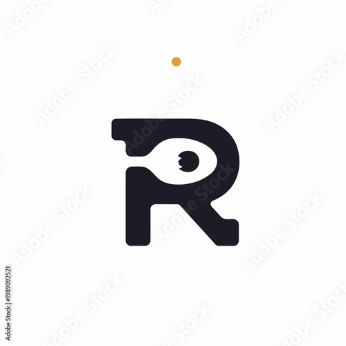 Minimal Letter R Logo With Fish Eye And Orange Dot, Modern Restaurant And Food Branding Mark.