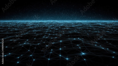 Illuminated abstract digital grid surface extends toward a starlit horizon under a dark sky