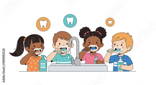 Four diverse children, boys and girls, standing at a sink and diligently brushing their teeth with foamy toothpaste.