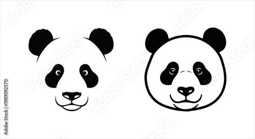 Two Cute Panda Faces With Black Ears And Eyes In Black And White