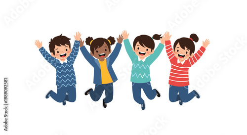 Group of diverse and happy children jumping with joy against a plain white background representing friendship and childhood.