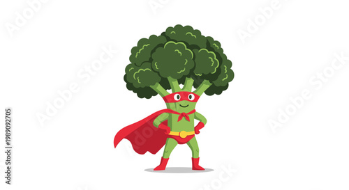 Cute anthropomorphic broccoli superhero character wearing a red mask and cape standing in a heroic pose for healthy eating.