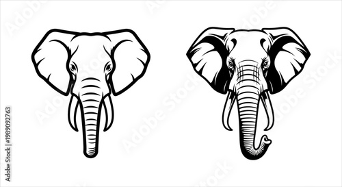 Front View of Two Elephants Heads with Tusks and Ears, Stylized Icons