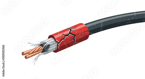Damaged electrical cable with exposed wires and cracked insulation