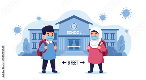 Two Muslim school children wearing hijabs and masks standing apart at school to follow social distancing guidelines during pandemic.