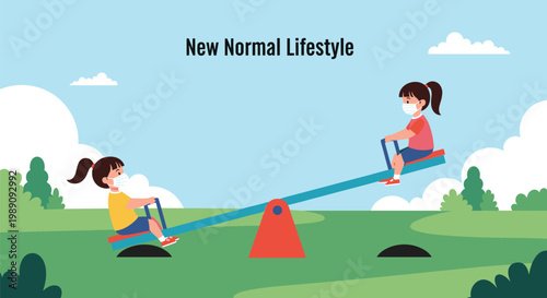 Two young girls wearing masks playing on a seesaw in a park to represent the new normal lifestyle for children outdoors.