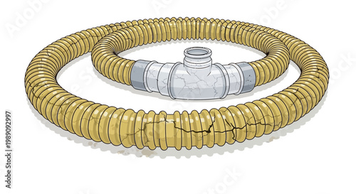 Damaged flexible yellow hose with T-connector, isolated on white background