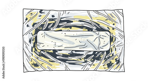 Hand-drawn illustration of a wrapped butter stick in plastic film.