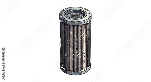 Industrial air filter cylinder with pleated media and metal end caps on white background