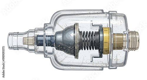 Inline fuel filter with transparent housing showing internal mechanism and spring