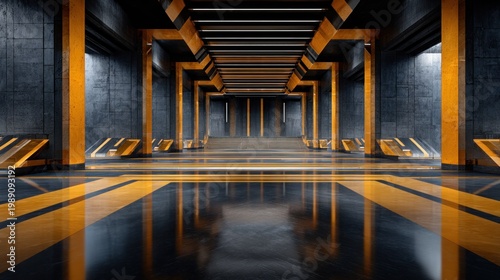 Industrial interior space features concrete architecture with bright caution striping and reflective flooring