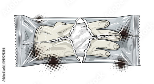 Torn protective gloves package illustration