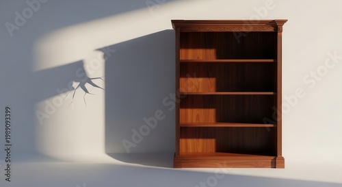 Elegant empty wooden bookshelf bathed in stark sunlight with intriguing wall shadows, illustrating