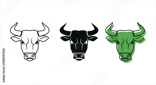 Set of three bull heads icons in black, white, and green outline illustrations