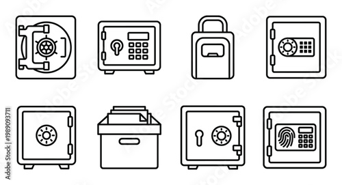 Collection of various safes for security and protection of valuables and important documents.