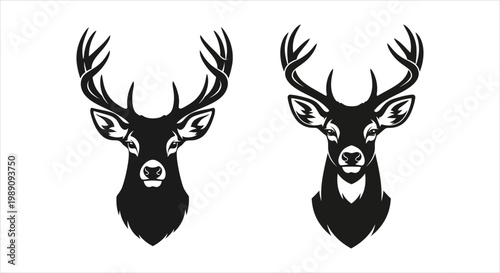 Two striking vector illustrations of majestic deer heads with impressive antlers, symbolizing strength and nature