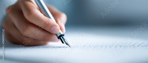 Pen Handwriting Branding concept. Hand writing with a fountain pen on lined paper in close-up view