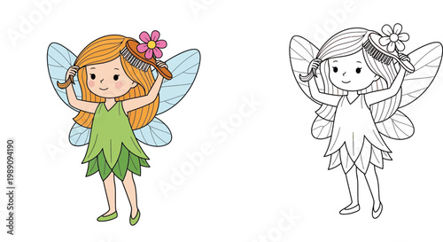 Cute Fairy Girl Brushing Her Hair with Flower Comb - Colored and Line Art Coloring Page Vector Illustration for Kids