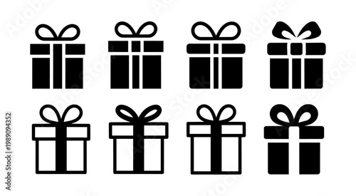 Black silhouette and outline Gift box icon set vector design with bows and ribbons, set of present symbols on white background. Holiday surprise package icons.