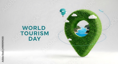 World tourism day concept with a green pin and landscape view