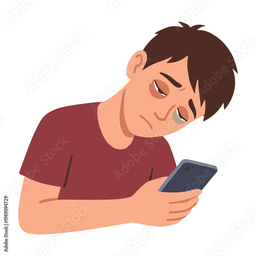 A man looks worried while checking his phone indoors.
