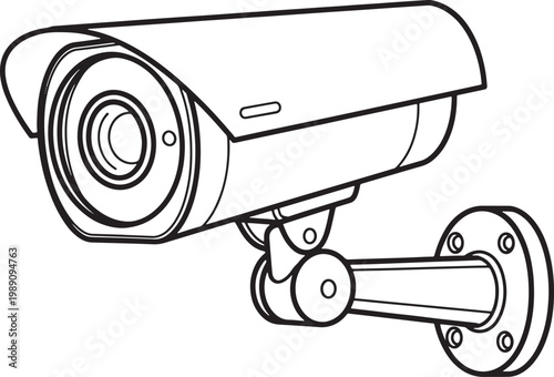 Line drawing of security camera on wall mount bracket