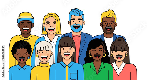 Diverse group of people smiling together outdoors in unity and friendship.