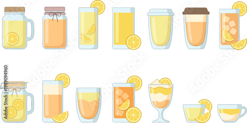 Lemon Beverage Collection Set with Glasses, Jars, and Cups Featuring Fresh Citrus Drinks, Lemonade, and Juice in Flat Vector Illustration Style