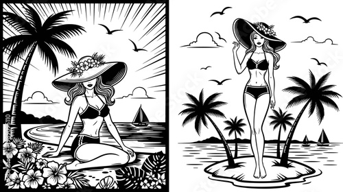 Beautiful mermaid line art illustration with long wavy hair and crown swimming underwater with starfish swirls for adult coloring book.