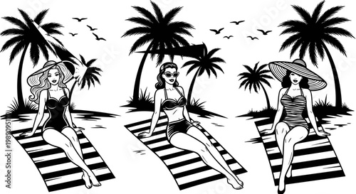 Black and white beach silhouette set with beautiful women sunbathing under palm trees wearing vintage swimsuits and summer sun hats.
