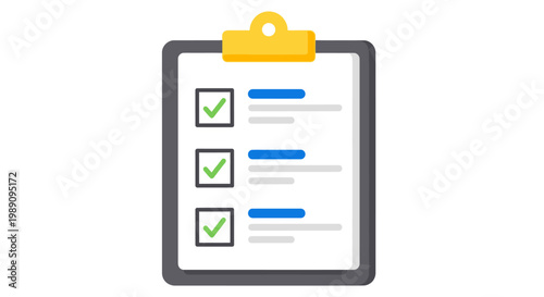 Flat design icon of a clipboard showing a completed checklist, ideal for illustrating task tracking, productivity, and successful project execution and organization