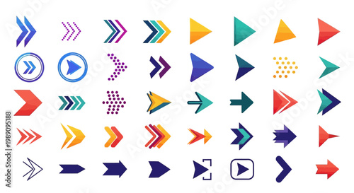 Modern vector arrow icons. Diverse styles and vibrant colors for web design, UI navigation, and graphic projects. Essential directional symbols