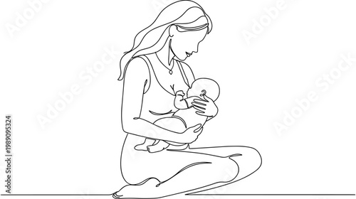 Beautiful continuous line art of a mother breastfeeding her newborn baby in a sitting position for motherhood and parenting design.