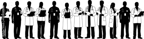 Black and white silhouette of diverse medical professionals and doctors standing in a row wearing lab coats and stethoscopes for healthcare.